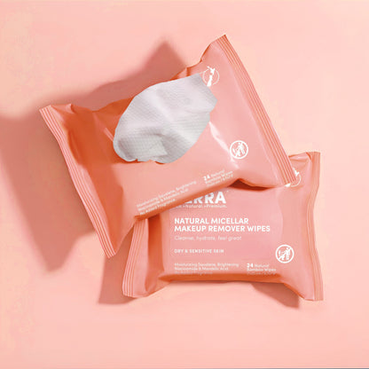 Two packs of Natural Micellar Makeup Remover Wipes on a pink background