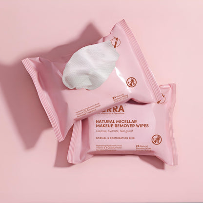 Two packs of Natural Micellar Makeup Remover Wipes on a pink background