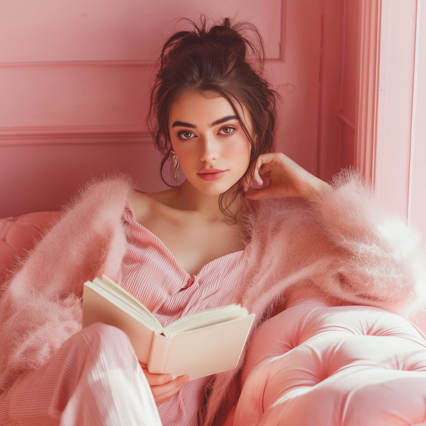 Woman in a pink robe reading a book in a pink room