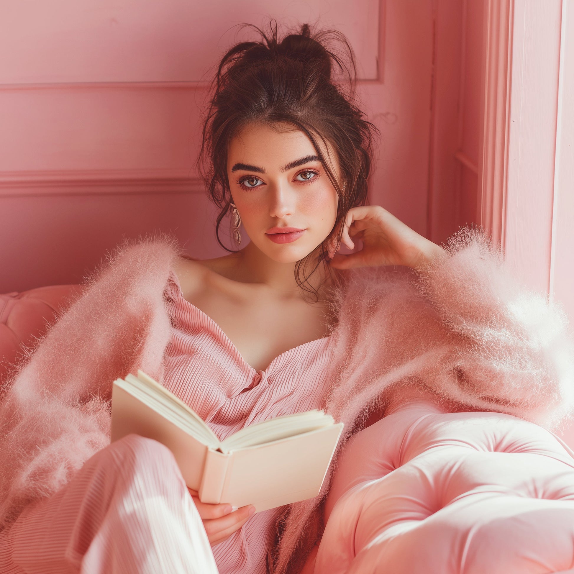 Woman in a pink robe reading a book in a pink room
