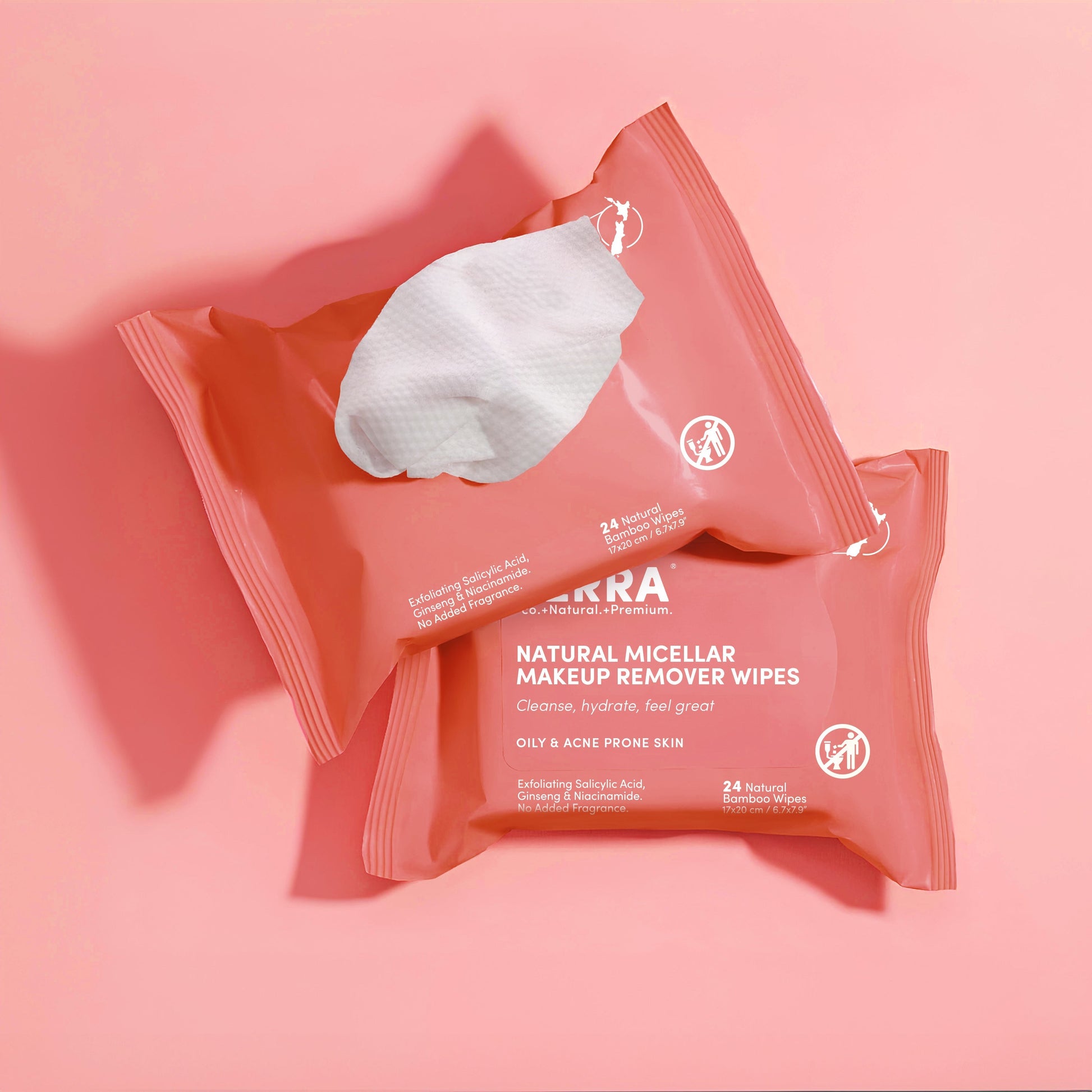 Two packs of TERRA Natural Micellar Makeup Remover Wipes on a pink background